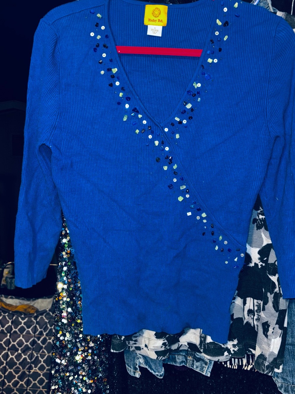 Ruby Rd. Cobalt Blue V-Neck Sequin Detail Sweater